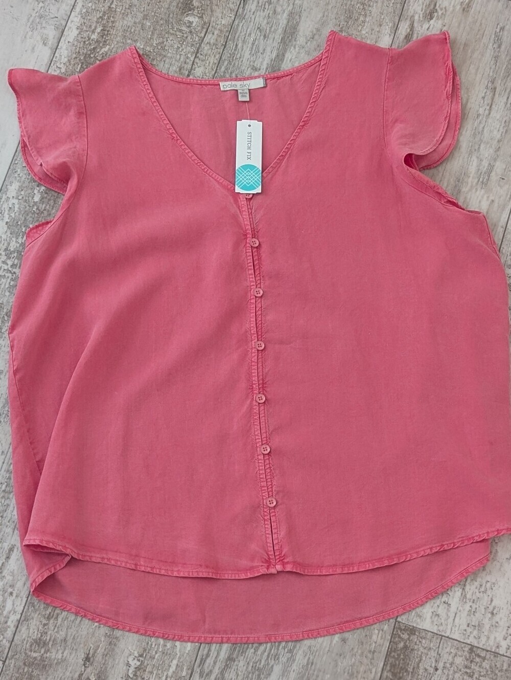 Pink Flutter-Sleeve V-Neck Button-Front Blouse